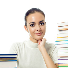 Woman with textbooks, isolated on white