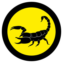 Vector image of a silhouette of a scorpion on a yellow background.