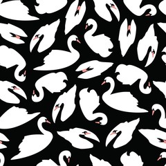 Swan seamless pattern on black background, vector illustration
