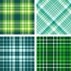 Set of four seamless tartan plaid patterns in shades of green, teal, turquoise and white. Traditional checkered fabric textures for digital textile printing. 