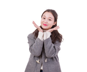 Happy young woman smiling to you, isolated on white