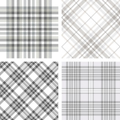 Set of four seamless tartan plaid patterns in shades of grey and white. Traditional checkered fabric textures.   - obrazy, fototapety, plakaty