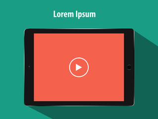 Design template Realistic black computer tablet with red screen and white play button icon on green background. Eps 10 stock vector illustration