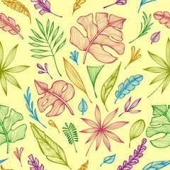 Fototapeta premium Seamless pattern from hand draw structure of tropic leaves colorful on yellow in line art for creative design package of cosmetic or perfume or for design of botanical theme