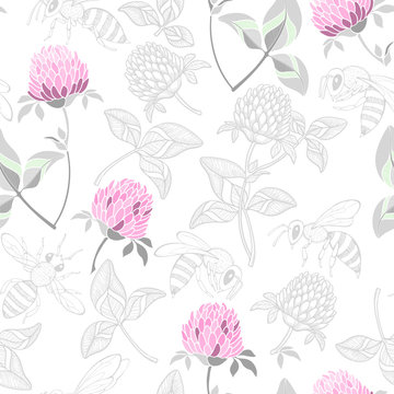 Clover and bees on white background. Silhouettes. Seamless  pattern. Hand-drawn vector illustration. Nature abstract background.