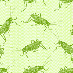 Grasshoppers on the grass. Seamless vector pattern. Hand-drawn art nature background.