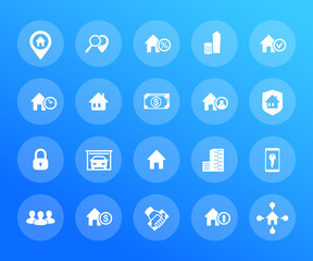Real estate icons set, apartments, houses for rent and sale, lodging, booking