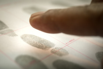 physiological biometrics concept for criminal record by fingerprint in cinematic tone - obrazy, fototapety, plakaty