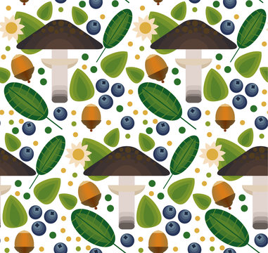 Vector flat style seamless pattern with forest mushrooms.Traditional, seamless pattern with forest berries and mushroom, strawberries, deep, blueberries, mountain ash, cranberries, leaf, acorn