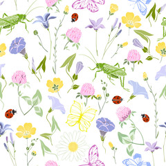 Flowers and insects on a white background. Seamless vector pattern. Summer background.