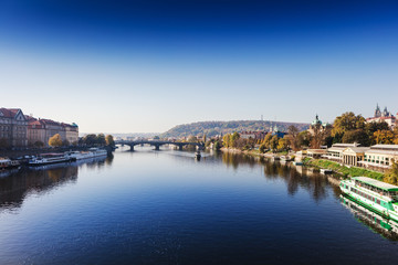 view of Prague and its bridges crossing Vltava river