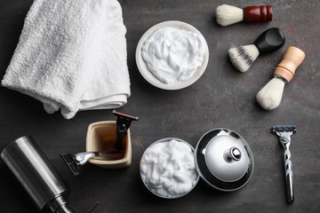 Shaving accessories for man on grey background