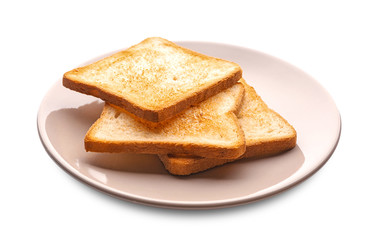 Fototapeta na wymiar Plate with tasty toasted bread on white background