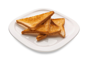 Plate with tasty toasted bread on white background