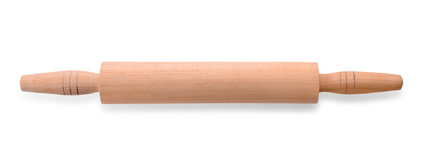 Wooden rolling pin on white background. Handcrafted cooking utensils