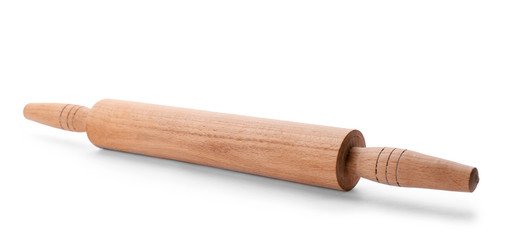 Wooden rolling pin on white background. Handcrafted cooking utensils