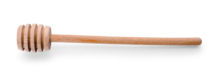 Wooden honey dipper on white background. Handcrafted cooking utensils
