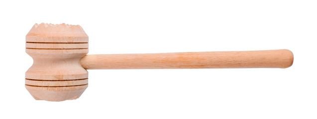 Wooden meat hammer on white background. Handcrafted cooking utensils