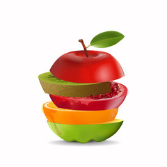 Creative healthy mix fruit. Apple, Orange, Pomegranate and kiwi with sliced fresh fruit, for a low calorie snack, isolated on white background, vector and illustration.