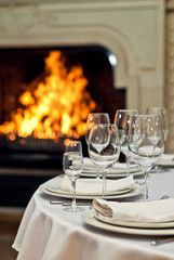 Glass dishes on a table on a white tablecloth
