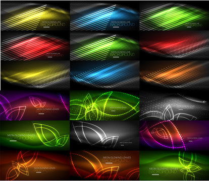 Set of abstract neon glowing magic backgrounds, dark shiny vector backgrounds with light effects for web banner, business or technology presentation