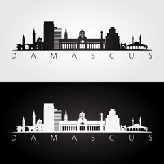 Damascus skyline and landmarks silhouette, black and white design, vector illustration.