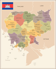 Cambodia - vintage map and flag - Detailed Vector Illustration