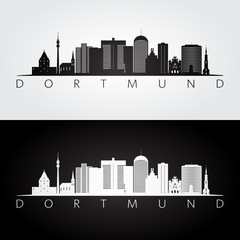 Fototapeta premium Dortmund skyline and landmarks silhouette, black and white design, vector illustration.