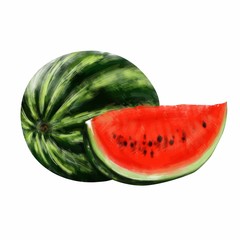 Round green watermelon with a red cut slice on a white background. Vector illustration.