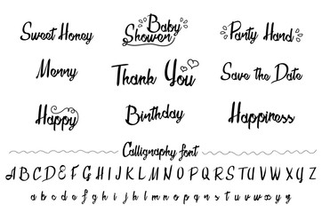 Hand made brush and ink typeface set. Unique art. Party invitation design. Artistic design for invitations, posters, banners, greetings illustrations.