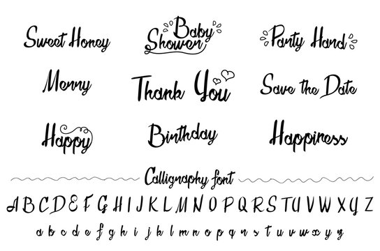 Hand made brush and ink typeface set. Unique art. Party invitation design. Artistic design for invitations, posters, banners, greetings illustrations.