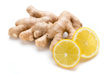 Ginger bio and lemon on white background.