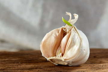 Garlic close up on wooden plate on rustic background, shallow depth of field, selective focus, macro