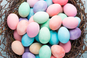 Pastel Easter eggs background. Spring greating card.