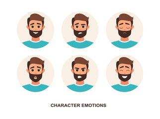 Cartoon Characters avatars emotion. Set of avatars with character emotions including surprise, happiness, anger, smirk, grin cartoon style vector illustration of isolated layers on a white background