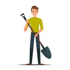 Cartoon Male vector character with a shovel. Cleaner boy is holding a shovel.Farmer in working  clothes with a shovel in hand. farming, gardening, agriculture and people concept