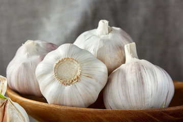 Garlic close up on wooden plate on rustic background, shallow depth of field, selective focus, macro