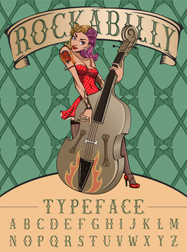 Rockabilly typeface poster. Vintage typeface with pinup rock girl playing on contrabass and crossbones background.   