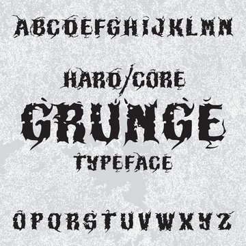 Hardcore grunge typeface. Stylish grunge font on grunge background, good for labels, logos, posters, tee-shirts.