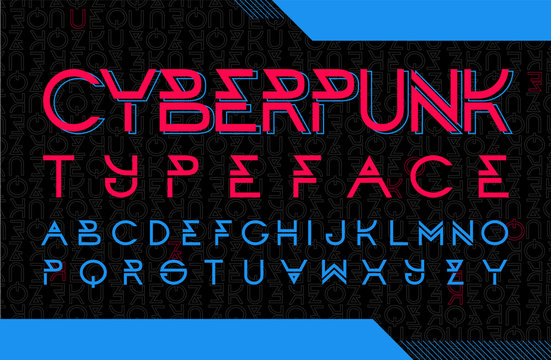 Cyberpunk Typeface Design. Modern Style Font With Code Background.  