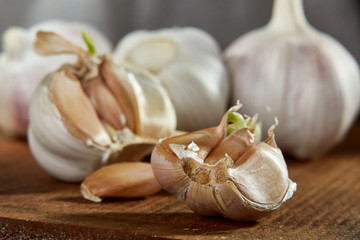 Garlic close up on wooden plate on rustic background, shallow depth of field, selective focus, macro