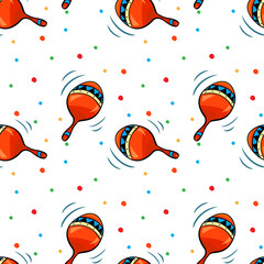 Vector seamless pattern with maracas and abstract dot elements on white background for gift cards, invitation, textile, wrapping paper design.
