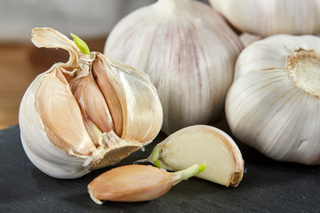 Garlic close up on wooden plate on black board,shallow depth of field, selective focus, macro