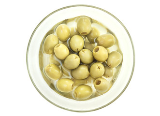 Top view glass bowl with green olive berries