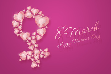 International Women's Day, March 8, the sign of a woman is made up of pink diamonds, precious stones. Celebration concept, banner, poster, invitation, background.