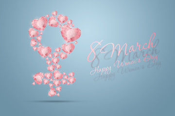 International Women's Day, March 8, the sign of a woman is made up of pink diamonds, precious stones. Celebration concept, banner, poster, invitation, background.