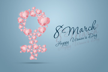 International Women's Day, March 8, the sign of a woman is made up of pink diamonds, precious stones. Celebration concept, banner, poster, invitation, background.
