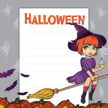 Halloween greeting card. Cute pinup little witch on broom with bottle of poison on background with ghosts, jack o lantern pumpkins and bats.