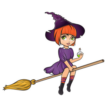 Cute pinup little witch on broom with bottle of poison. Halloween mascot.