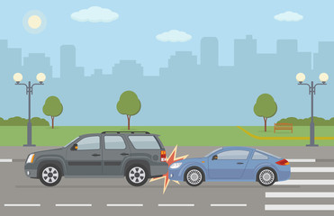 Auto accident involving two cars, on city background. Vector illustration. 

